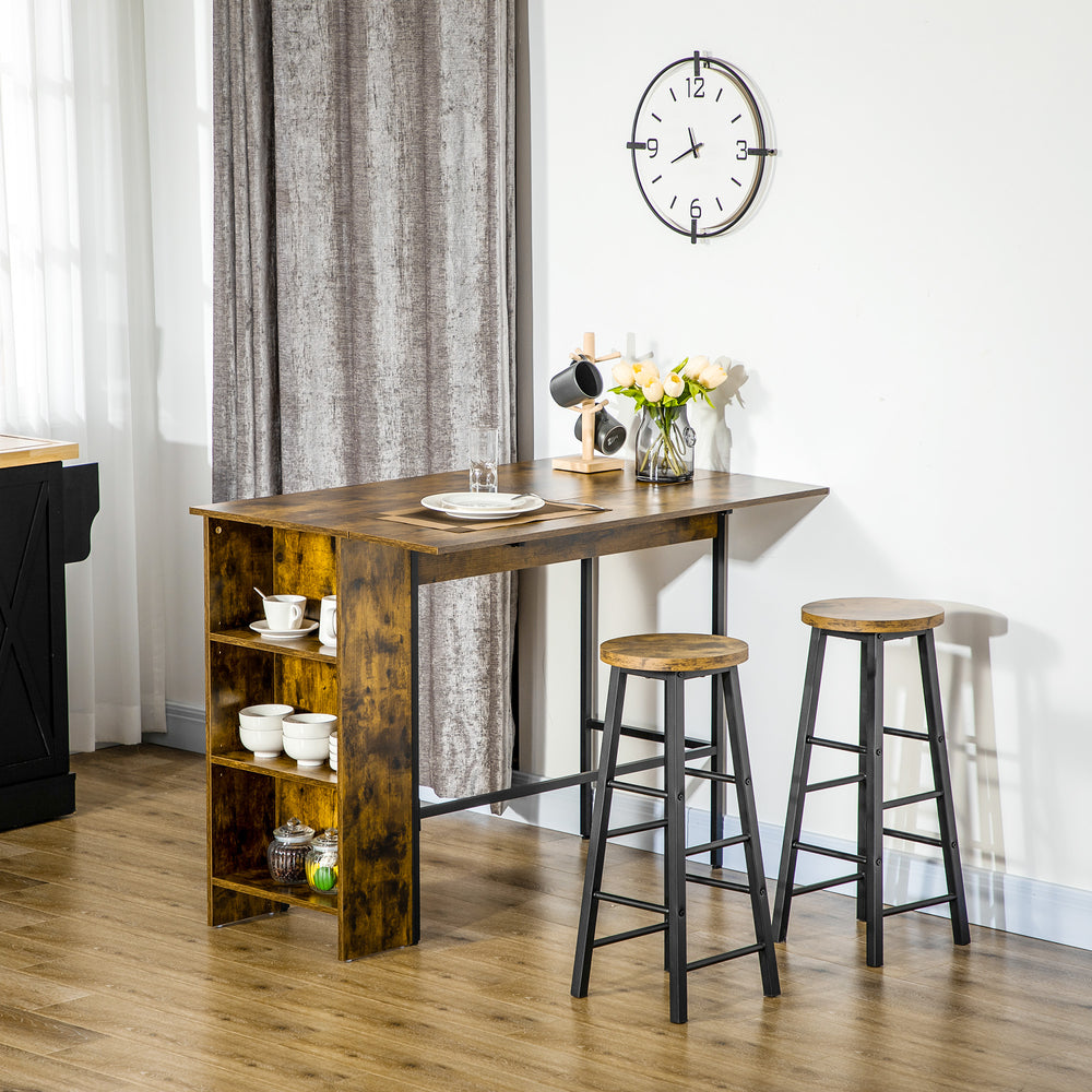 Table de bar extensible avec étagère de rangement réglable, marron rustique