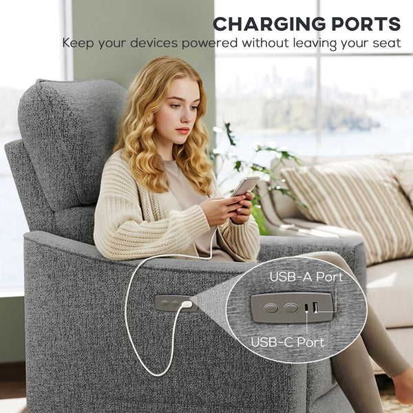 Fauteuil inclinable électrique, revêtement en tissu aspect lin, ports USB, repose-pieds, gris foncé