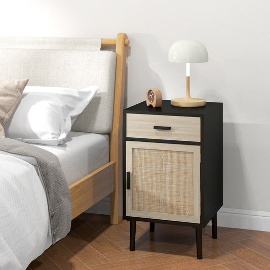 Lot de 2 tables de chevet bohèmes avec tiroir, meuble en rotin, étagère réglable pour chambre et salon, noir