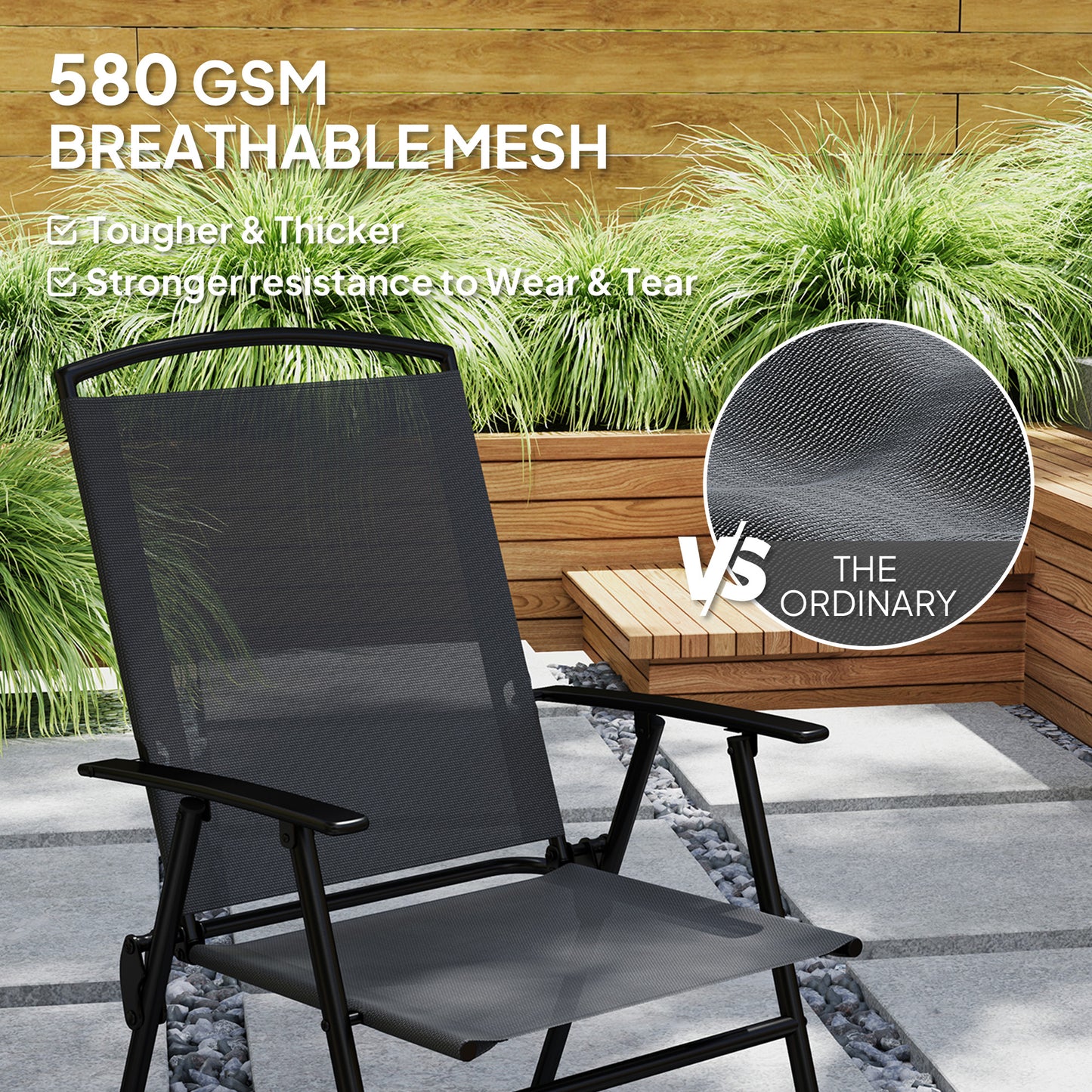 Outsunny 5 Piece Outdoor Dining Set with Glass Table and 4 Folding Mesh Chairs, Small Garden Furniture, Grey