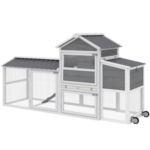 Mobile chicken coop on wheels with wooden run, nesting box, tray and access ramp
