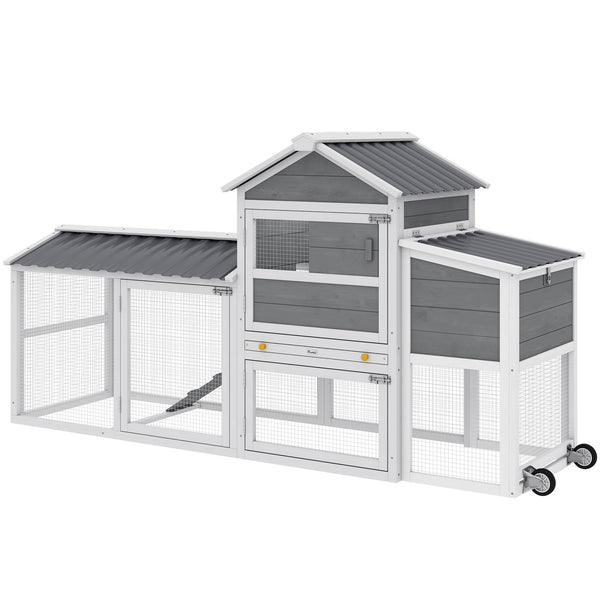 Mobile chicken coop on wheels with wooden run, nesting box, tray and access ramp