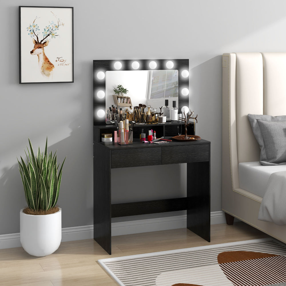 Coiffeuse avec miroir à éclairage LED et tiroirs, noire