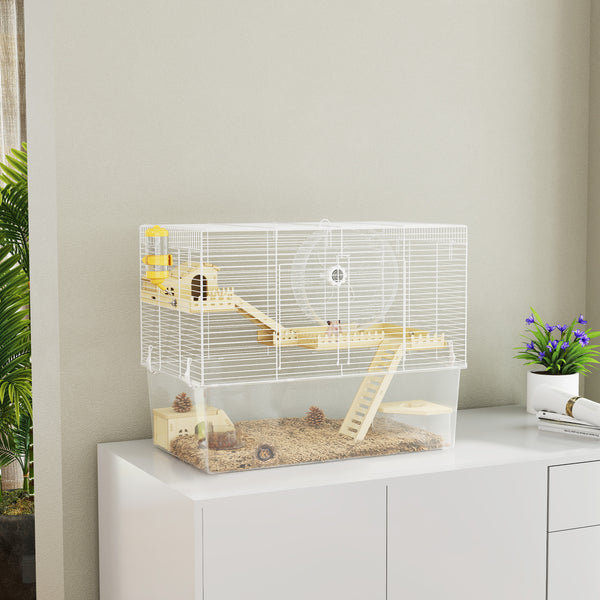 Cage pour hamster profonde, rampe en bois, cabane, roue d'exercice pour hamster et gerbille, blanche