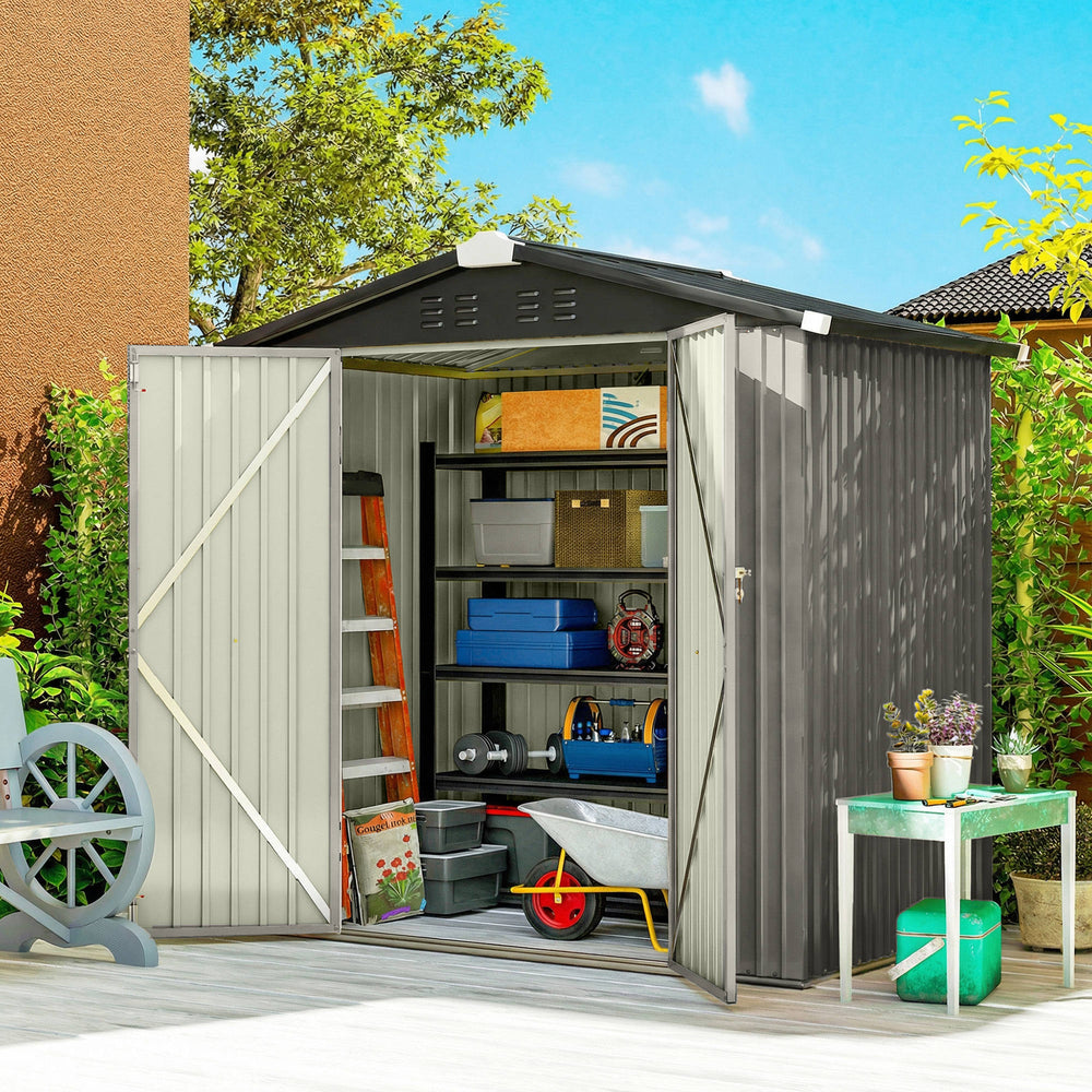 Abri de jardin en métal, avec double porte verrouillable et 4 aérations, gris