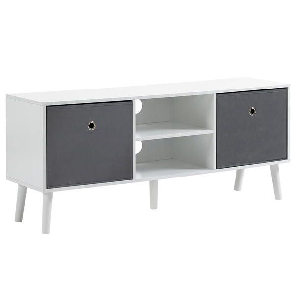 Meuble TV moderne avec tiroirs et étagères pliables, blanc