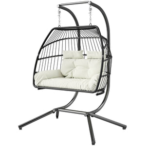 balancoire double en osier avec support suspendue, coussin résistant aux UV, blanc crème