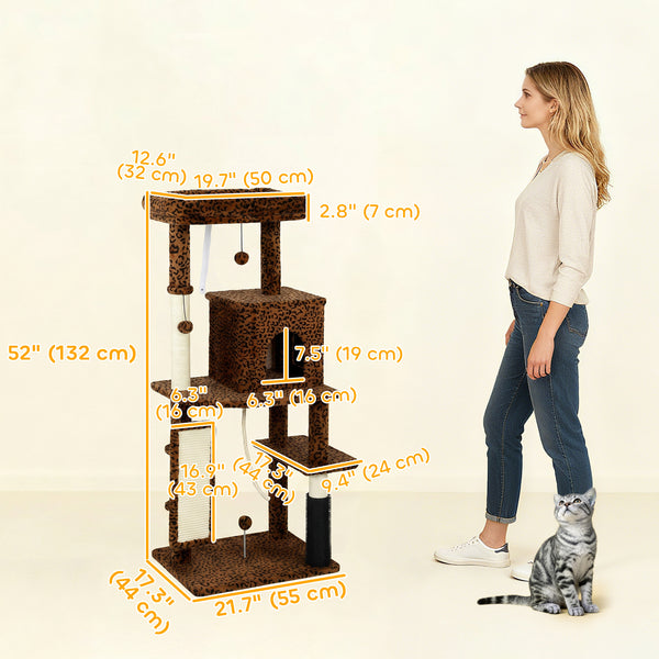 52 Inch Cat Tree with Scratching Posts, Cat Bed, Condo, Jumping Platforms, Toy Balls, Anti-tip Kit