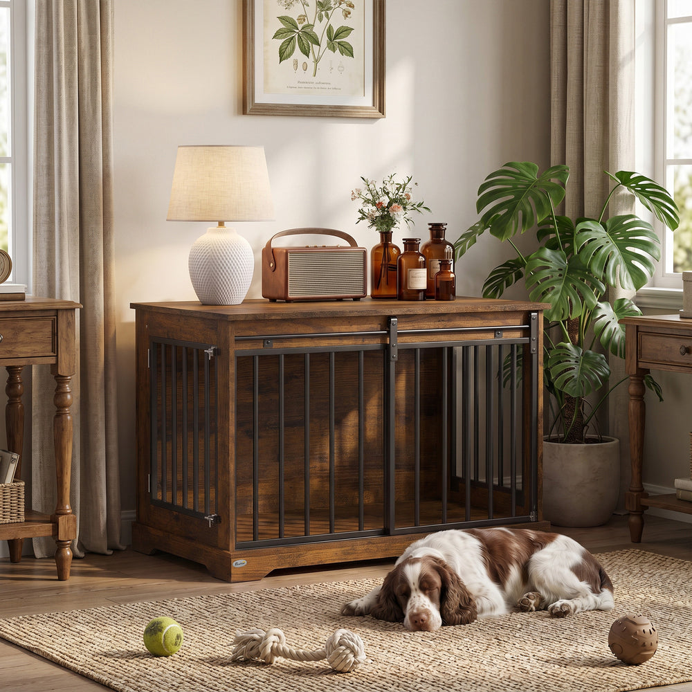 Meuble-cage pour chien à porte coulissante, 100 cm, noir et effet bois