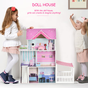 Maison de poupée en bois pour enfants de 2,9 pieds avec meubles, rose