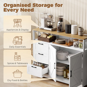 Buffet style champêtre avec station de recharge, 3 tiroirs et rangement ajustable, blanc