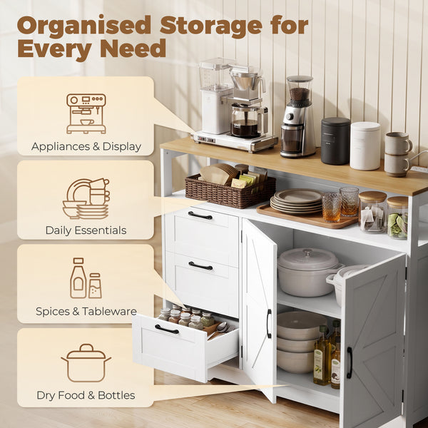 Buffet style champêtre avec station de recharge, 3 tiroirs et rangement ajustable, blanc