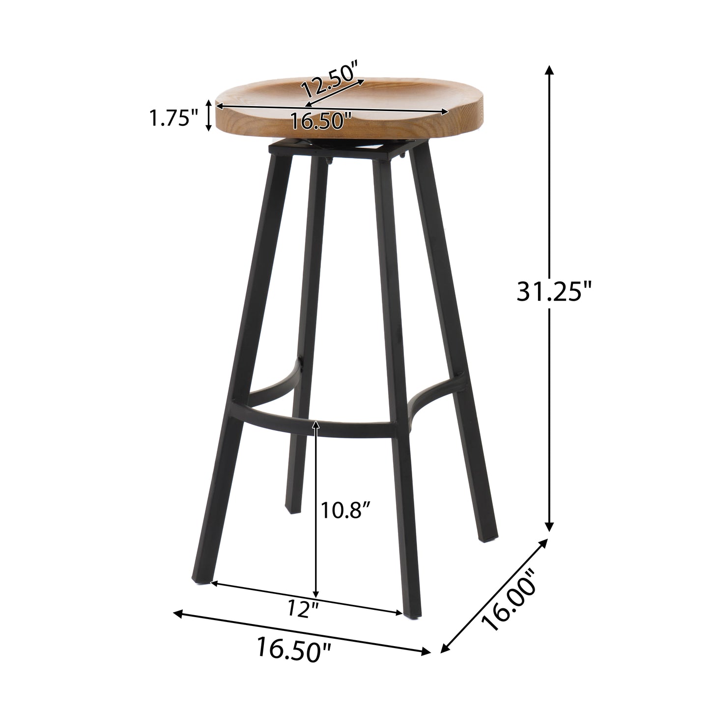 Ensemble de 2 tabourets de bar pivotants de style industriel avec cadre en fer finition rouille, assise en pin, aucun assemblage requis, naturel
