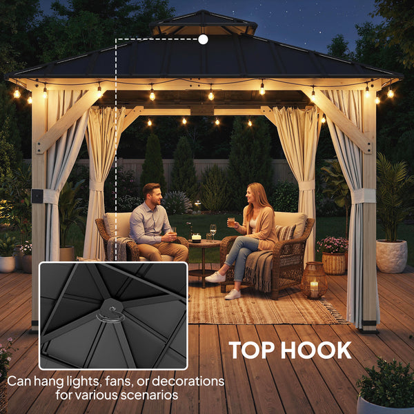 Gazebo d'extérieur 10' x 10' avec toit rigide double en acier, en bois, avec rideaux et crochets, gris clair
