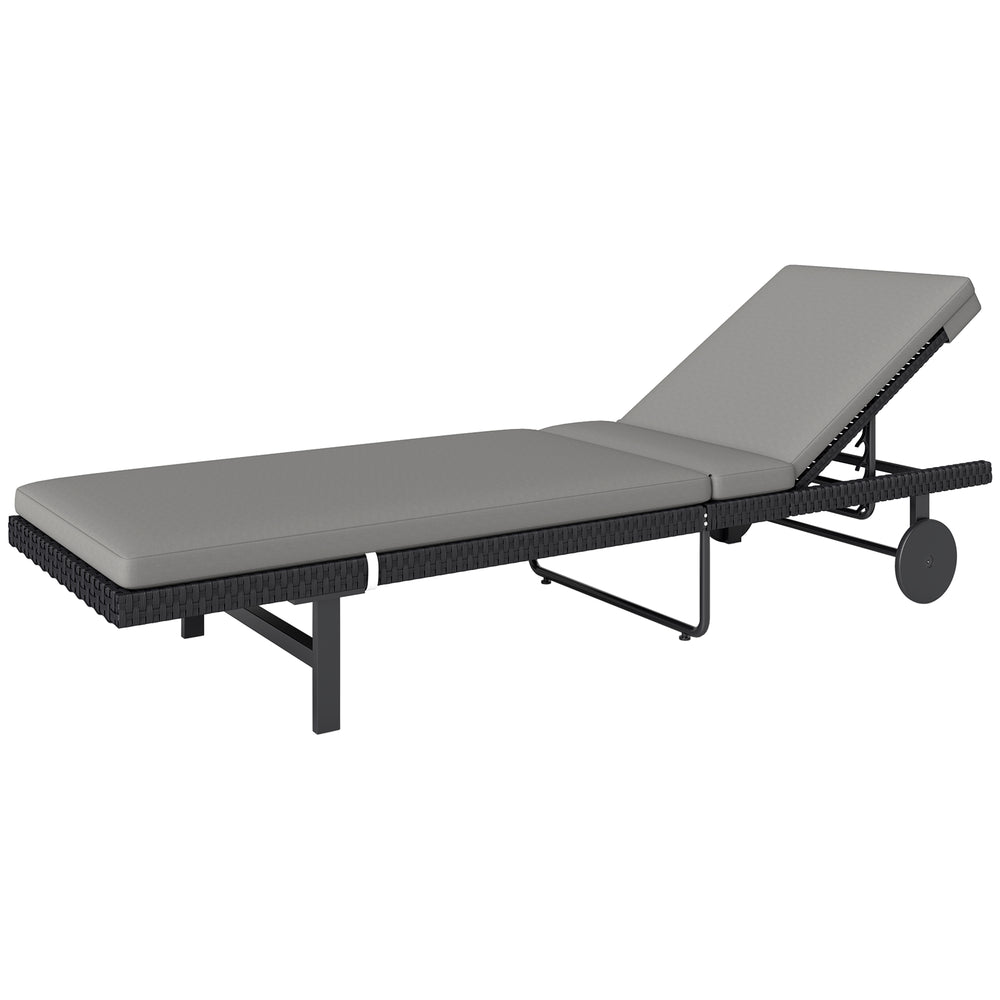 Chaise longue de jardin en rotin synthétique avec dossier réglable sur 5 niveaux, roulettes et coussin, gris