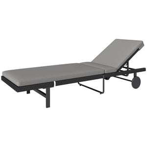 Chaise longue de jardin en rotin synthétique avec dossier réglable sur 5 niveaux, roulettes et coussin, gris