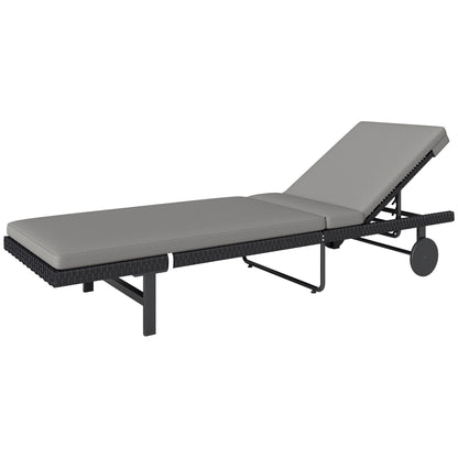 Outsunny Synthetic Rattan Garden Lounge Chair with 5-Level Adjustable Backrest, Castors and Cushion, Grey