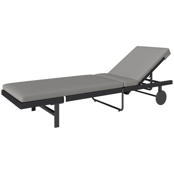 Chaise longue de jardin en rotin synthétique avec dossier réglable sur 5 niveaux, roulettes et coussin, gris