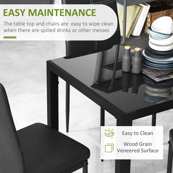 Ensemble de tables et chaises de cuisine rectangulaires en verre avec structure en métal et revêtement en similicuir pour salle à manger, noir