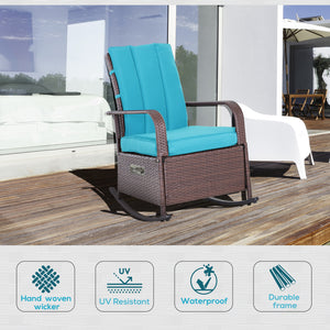 Fauteuil à bascule en rotin synthétique avec coussin, repose-pieds réglable et accoudoirs, turquoise
