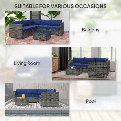 Outsunny 4 Piece Wicker Rattan Patio Furniture Set with Corner Sofa, Loveseats and Coffee Table Cushions, Navy Blue