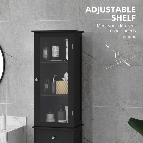 Armoire de salle de bain haute avec tiroirs, 2 portes et étagères réglables, noir