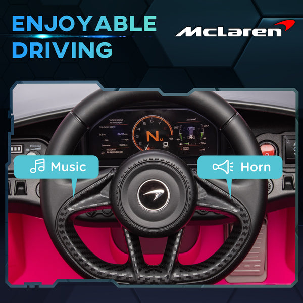 McLaren 765LT 12 V, sous licence, avec portes en ciseaux, roues de transport, télécommande, démarrage lent et klaxon musical, rose