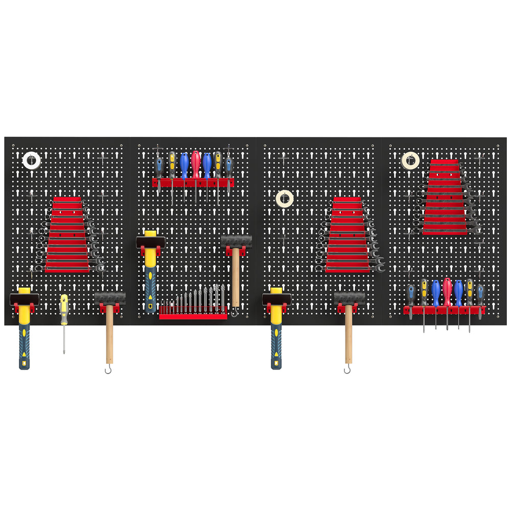 Organisateur mural d’outils en acier avec 4 panneaux, 12 supports et 22 crochets – Noir et rouge