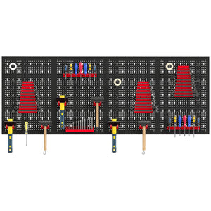 Organisateur mural d’outils en acier avec 4 panneaux, 12 supports et 22 crochets – Noir et rouge