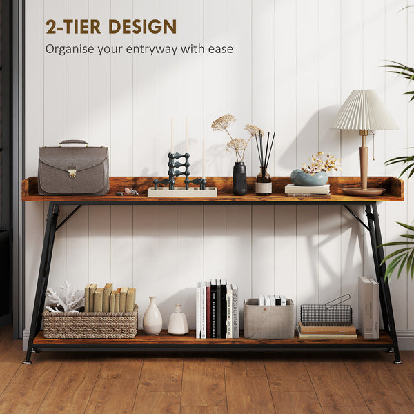 Extra-long console table with storage shelf and railing, industrial style, rustic brown