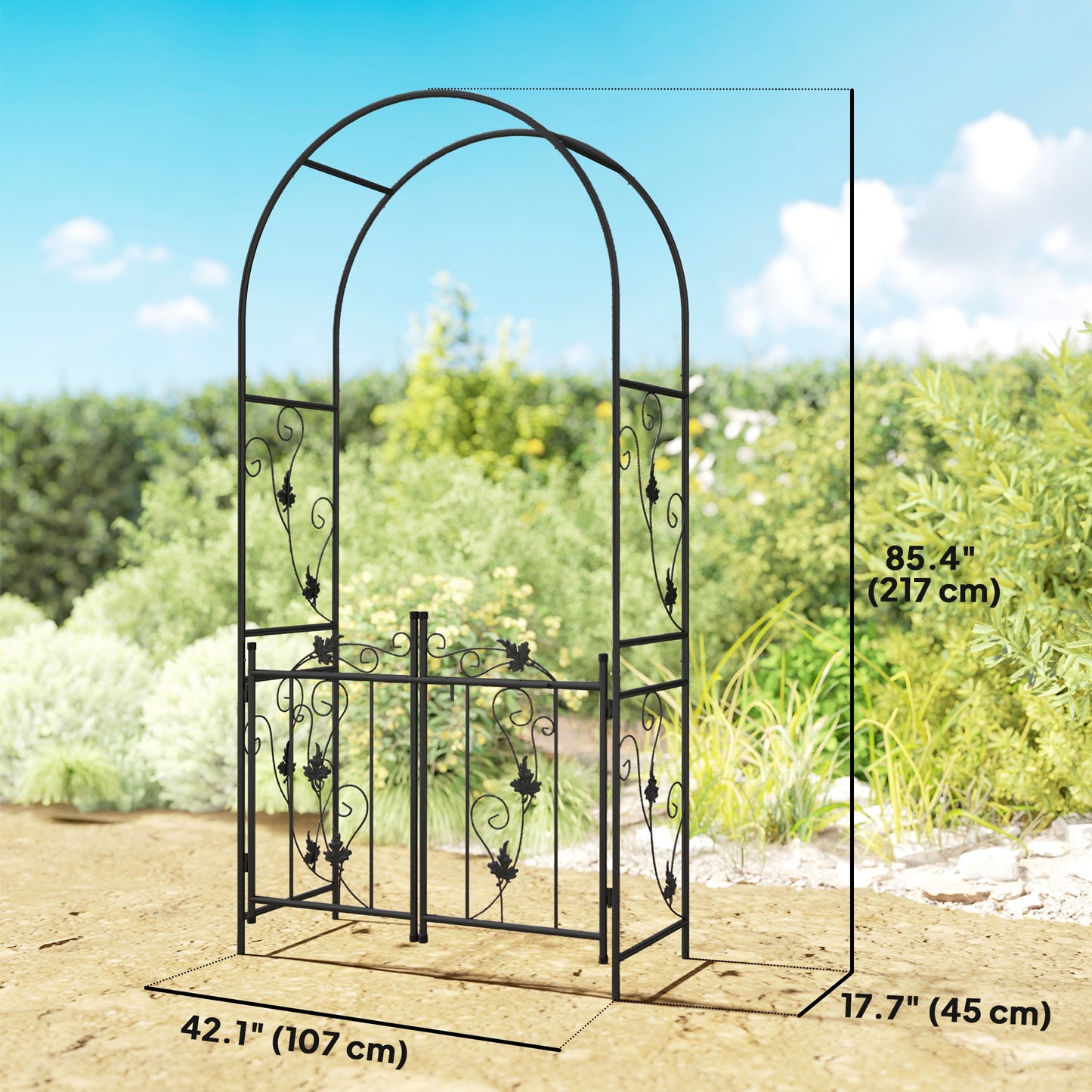 Outsunny 7ft Steel Garden Arch with Gate, Trellis for Climbing Plants, Roses, Vines, Wedding Arch for Outdoor, Garden, Lawn, Backyard, Black