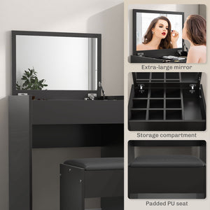 Coiffeuse moderne avec table de maquillage et tabouret rembourré, noir