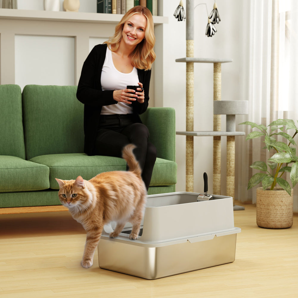 Bac à litière XL en acier inoxydable pour chats de toutes les tailles avec parois latérales hautes