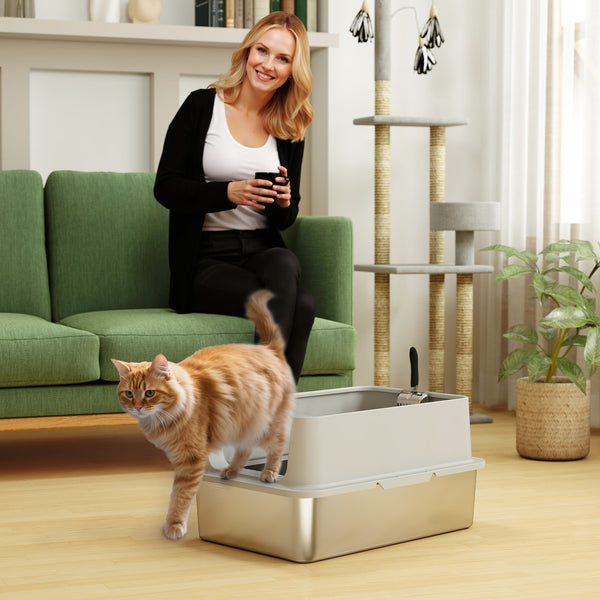 Bac à litière XL en acier inoxydable pour chats de toutes les tailles avec parois latérales hautes