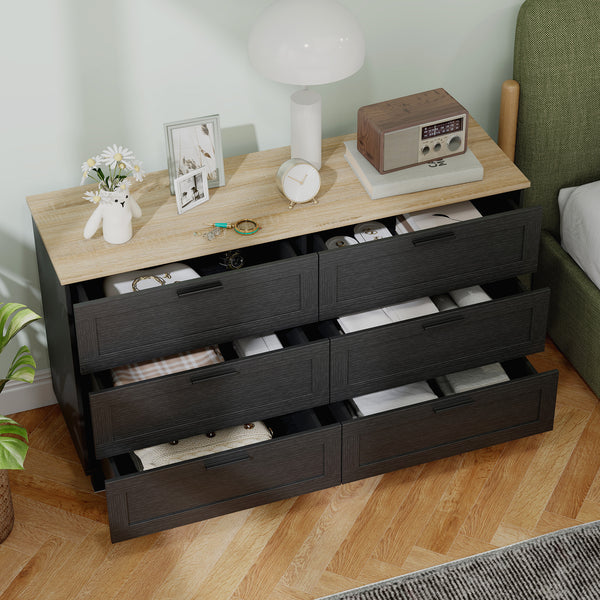 47" Wide Chest of Drawers, Modern Dresser with 6 Drawers and Wood Legs for Bedroom, Living Room, Entryway, Black