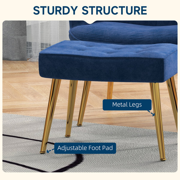 Fauteuil avec repose-pieds et pieds en métal doré, bleu foncé