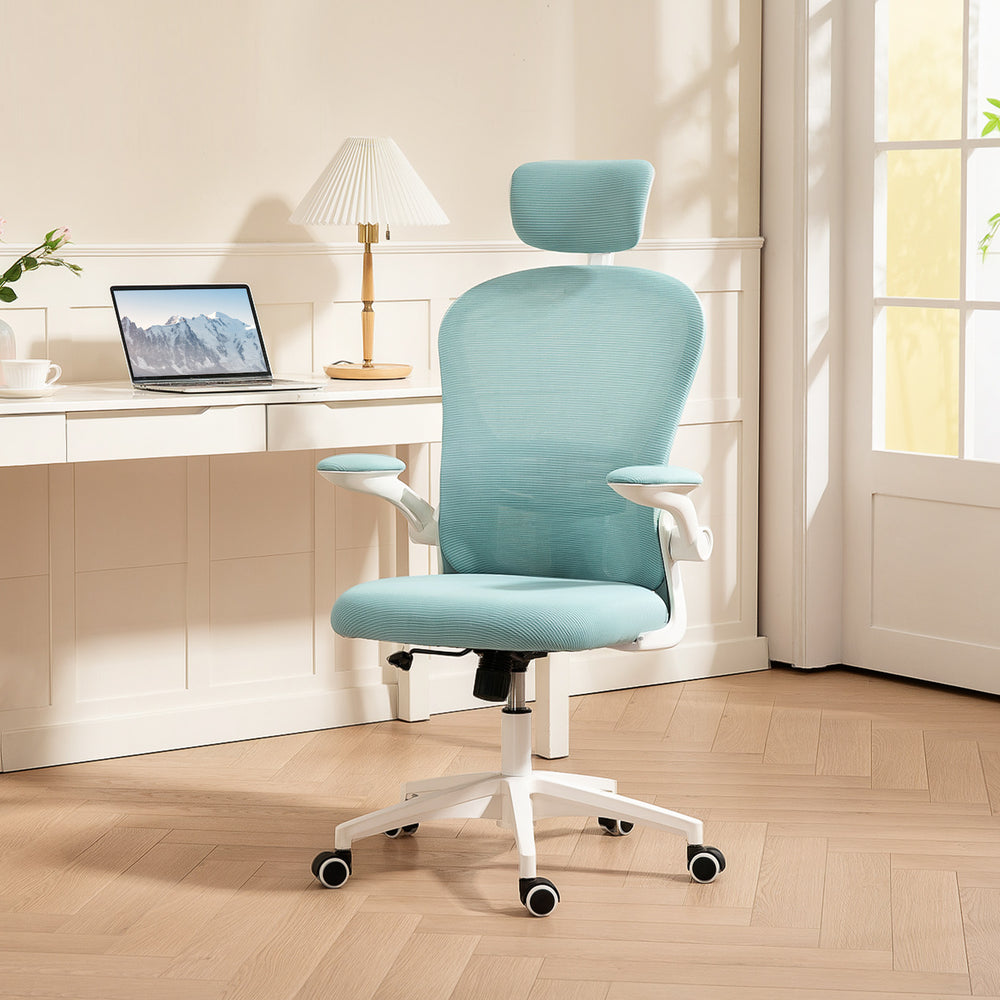 Chaise de bureau en maille avec appui-tête réglable, soutien lombaire 4D, accoudoirs relevables, vert clair
