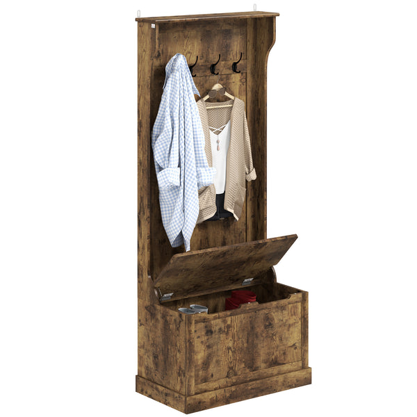 4-In-1 Hall Tree with Coat Rack, Top Shelf, Shoe Storage and Bench Seat, Entryway Bench with 4 Hooks, Rustic Brown