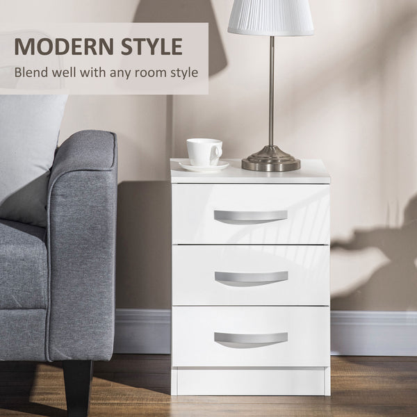 Ensemble de 2 tables de chevet modernes avec 3 tiroirs brillants, blanc