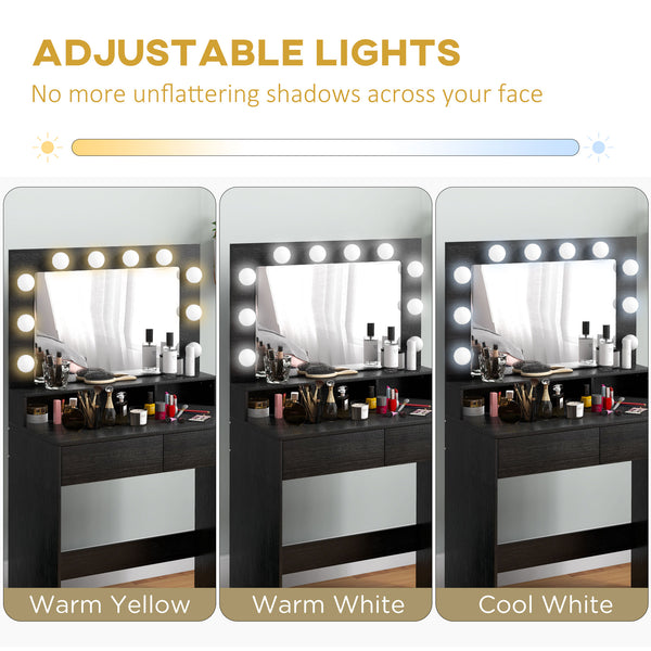 Coiffeuse avec miroir à éclairage LED et tiroirs, noire
