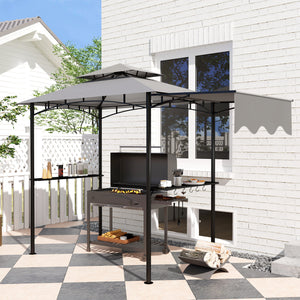 Outsunny 8' x 5' Grill Gazebo, Double Tiered Barbecue Grill Gazebo Shelter with Side Awning, 2 Side Shelves, 6 Hooks, Light Gray |