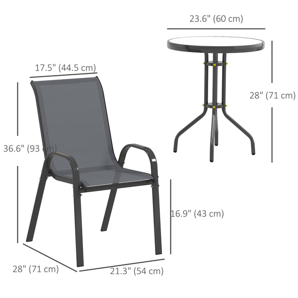 3 Pieces Bistro Set, Small Patio Furniture Set with Stackable Mesh Chairs, Glass Table for Garden, Balcony, Dark Grey