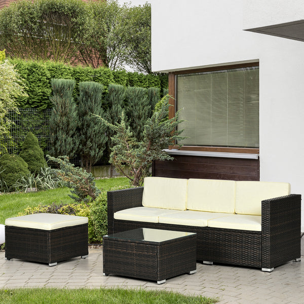 Ensemble de mobilier de jardin  3 pièces avec coussins, table basse en verre et pieds réglables, blanc crème