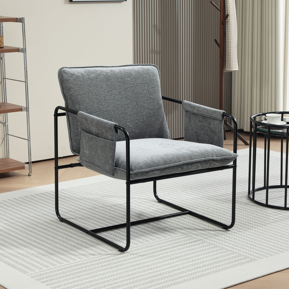 Fauteuil avec poches latérales et structure en acier, gris