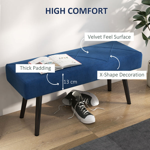 Banc de chambre rembourré moderne avec pieds en acier, bleu foncé
