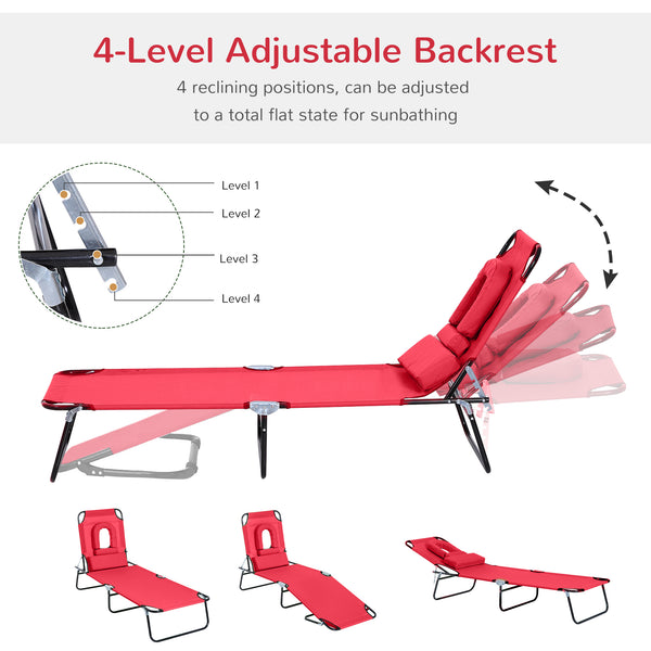Adjustable Outdoor Lounge Chair, Garden Folding Chaise Lounge with Face Hole Reclining Tanning Chair Seat, Folding Camping Beach Lounging Bed w/ Support Pillow, Red
