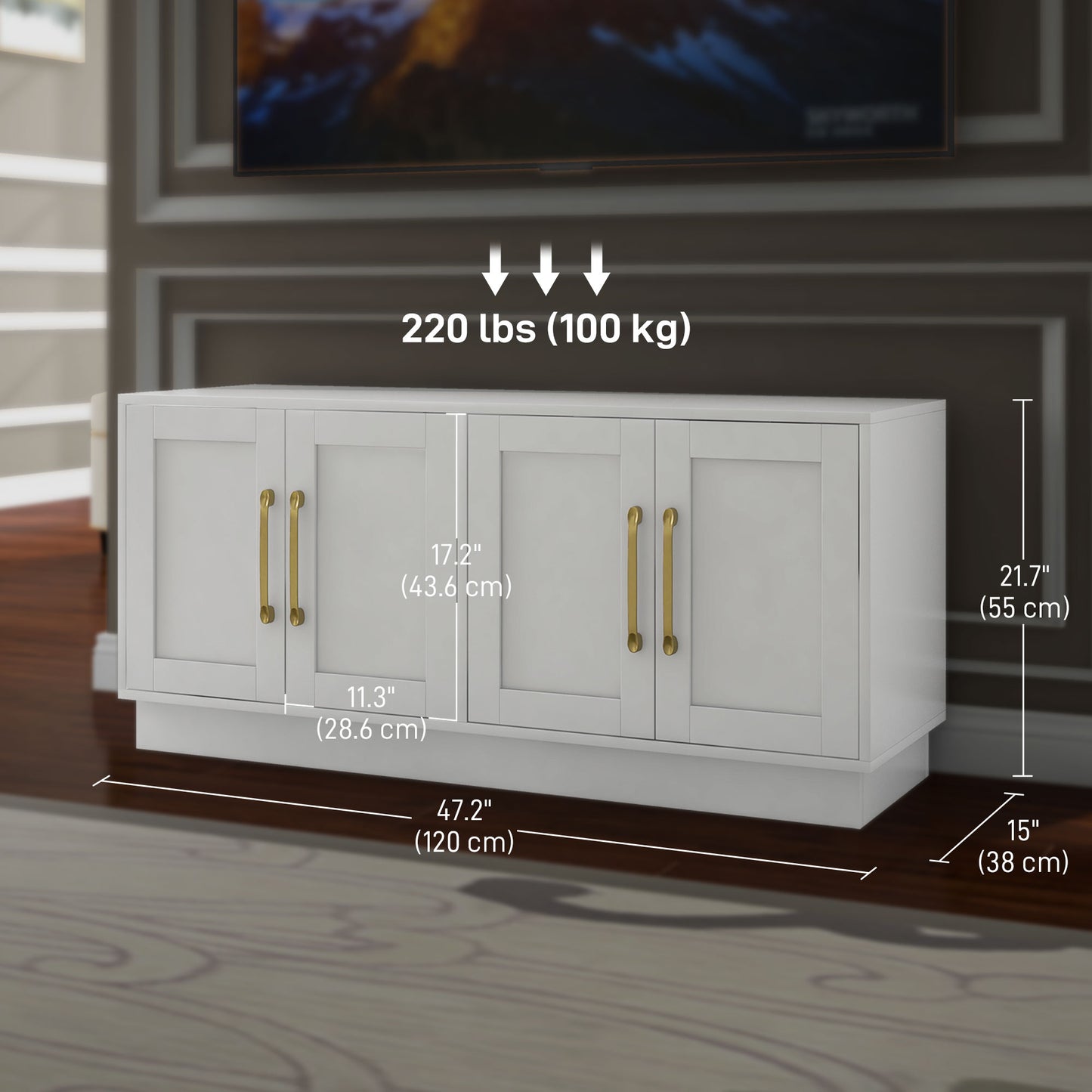 TV stand for TVs up to 55 inches, 4 soft-hinged doors, 4 cable holes and 2 adjustable shelves, white