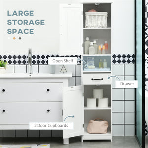 Meuble de salle de bain moderne étroit avec tiroir à étagère ouverte, portes encastrées et étagères réglables, blanc