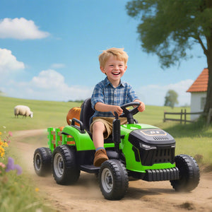 Tracteur 12 V vert avec remorque, télécommande, musique, lumières, levier de vitesse