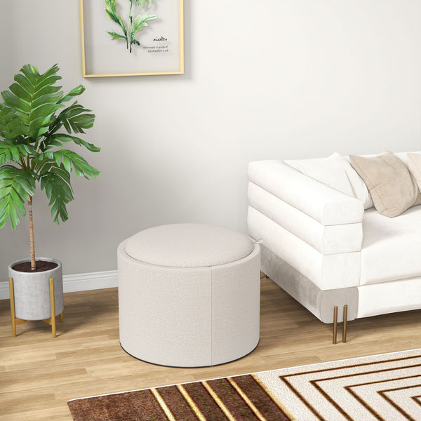 Table basse ronde avec rangement dissimulé et plateau rembourré en lin